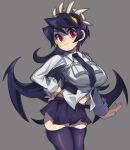  1girl :3 artist_name black_hair black_legwear breasts commentary contrapposto cowboy_shot english_commentary extra_mouth filia_(skullgirls) futakuchi-onna grey_background hand_on_hip highres impossible_clothes large_breasts long_hair midriff miniskirt navel necktie pleated_skirt prehensile_hair red_eyes samson_(skullgirls) school_uniform simple_background skindentation skirt skullgirls solo standing teeth twitter_username waa153 