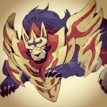  absurdres blurry claws commentary_request demon_king_fish highres looking_up no_humans pokemon pokemon_(creature) purple_fur red_eyes solo tongue tongue_out yellow_pupils zamazenta zamazenta_(crowned) 