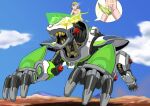  1boy abs bare_shoulders blonde_hair closed_mouth cloud commentary completely_nude glasses glowing glowing_eyes legs_apart male_focus mecha muto_dt nude open_mouth riding sharp_teeth sky solo teeth zoids 