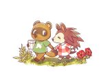  1boy 1girl ^_^ animal_crossing animal_nose barefoot blue_eyes body_fur bottomless brown_fur brown_hair child closed_eyes collared_dress commentary_request day dress flat_chest flower freckles full_body furry furry_female furry_male grass green_shirt half-closed_eyes happy holding holding_hands long_hair long_sleeves looking_at_another looking_to_the_side outdoors plaid plaid_dress red_dress red_flower sable_able_(animal_crossing) shijima_(4jima) shirt short_sleeves simple_background snout spiked_hair standing thermos tom_nook_(animal_crossing) two-tone_fur walking white_background white_fur younger 