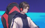  1boy artem_wing_(tears_of_themis) bangs blue_eyes brown_hair chair closed_mouth fengtu_ad gaming_chair headphones highres jacket jersey long_sleeves short_hair sitting solo tears_of_themis white_jacket 