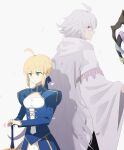  1boy 1girl ahoge antenna_hair artoria_pendragon_(fate) back-to-back blonde_hair blue_dress blue_ribbon braid closed_mouth clothing_cutout commentary_request dress excalibur_(fate/stay_night) fate/grand_order fate/stay_night fate_(series) french_braid green_eyes hair_ribbon height_difference highres holding holding_staff holding_sword holding_weapon hooded_robe juliet_sleeves long_sleeves looking_at_another looking_away merlin_(fate) ne_f_g_o petals puffy_sleeves purple_eyes ribbon robe saber serious shadow short_hair sidelocks simple_background smile staff sword upper_body weapon white_background white_hair white_robe wide_sleeves 