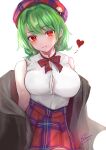 1girl alternate_costume beret breasts cleavage coat green_hair hat heart highres kazami_yuuka kei_(hidden) large_breasts long_skirt looking_at_viewer neck_ribbon plaid plaid_headwear plaid_ribbon plaid_skirt red_eyes red_headwear red_ribbon red_skirt ribbon shirt simple_background skirt sleeveless smile solo touhou unbuttoned unbuttoned_shirt wavy_hair white_background white_shirt 