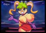  anthro big_breasts black_border border breasts buckteeth clothing dress female flashing gloves green_hair hair handwear huge_breasts joelasko lagomorph las_vacaciones_de_vicky leporid looking_at_viewer mammal nipples open_mouth purple_clothing purple_gloves purple_handwear rabbit red_clothing red_dress solo teeth undressing vicky_(las_vacaciones_de_vicky) 