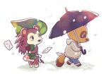  1boy 1girl animal_crossing animal_nose apron bare_shoulders barefoot black_eyes blue_eyes blue_pants body_fur brown_fur brown_hair commentary_request day drawstring envelope freckles furry furry_female furry_male green_scarf half-closed_eyes hand_up holding holding_clothes holding_scarf holding_scissors holding_umbrella hood hoodie leaf_umbrella letter long_hair looking_at_another looking_to_the_side outdoors pants plaid plaid_apron red_apron sable_able_(animal_crossing) scarf scissors shijima_(4jima) simple_background snout snow snowing spiked_hair sweater tom_nook_(animal_crossing) two-tone_fur umbrella walking white_background white_fur white_hoodie white_sweater 