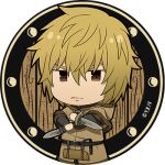  blonde_hair brown_eyes chibi dagger dual_wielding fur_trim holding innerchorus knife lowres short_hair thorfinn tunic viking vinland_saga weapon 