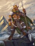  anthro bovid bovine byowt clothing detailed_background digital_media_(artwork) european_mythology greek_mythology hi_res horn male mammal minotaur muscular mythology outside scar solo weapon 