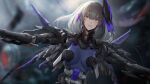  1girl android blood blood_on_face blurry blurry_background breasts brown_eyes devil_lo grey_background grey_hair hair_between_eyes hair_ornament hairclip looking_at_viewer mechanical_arms medium_breasts medium_hair punishing:_gray_raven rosetta_(punishing:_gray_raven) scratches solo upper_body 