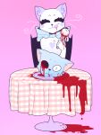  &lt;3 2019 5_fingers ambiguous_gender anthro blank_stare blood blood_in_mouth blood_on_face blood_on_floor blue_bow blush blush_stickers bodily_fluids cannibalism chair chest_markings constricted_pupils cutlery decapitation digital_media_(artwork) domestic_cat duo eye_gouge eyeball eyelashes eyes_closed featureless_chest felid feline felis female fingers fork fur furniture gore grey_body grey_fur happy hard_vore heart_marking hi_res kitchen_utensils licking looking_at_viewer mammal markings monotone_body monotone_fur multicolored_body multicolored_fur neck_bow nude pastel pink_background pupils raised_hand self_lick severed_head simple_background sitting small_pupils smile symbol table tablecloth tongue tongue_out tools two_tone_body two_tone_fur vore whalesnark white_body white_fur wide_eyed 