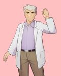  1boy bangs belt belt_buckle brown_pants buckle closed_eyes closed_mouth collared_shirt commentary_request facing_viewer grey_hair hand_up highres korean_commentary labcoat long_sleeves male_focus open_clothes pants pink_background pokemon pokemon_(game) pokemon_frlg purple_shirt samuel_oak shirt short_hair simple_background smile solo yumilbo 