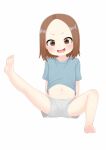  1girl :d atg_(wttoo0202) bangs barefoot blue_shirt blush brown_eyes brown_hair commentary_request forehead full_body grey_shorts highres karakai_jouzu_no_(moto)_takagi-san leg_up nishikata_chii parted_bangs reward_available shirt short_shorts short_sleeves shorts simple_background sitting smile soles solo teeth upper_teeth v-shaped_eyebrows white_background 