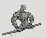  5_fingers abs bald bust_portrait clothed clothing eyes_closed fingers grey_background grey_body holding_object holding_weapon human male mammal markings muscular muscular_male not_furry portrait sheathed_sword side_view simple_background solo topless unknown_artist weapon yellow_markings 