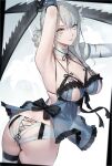  1girl armpits ass asymmetrical_bangs bandaged_arm bandages bangs black_bow bow breasts cleavage closed_mouth duan_henglong duplicate flower hair_flower hair_ornament highres holding holding_weapon kaine_(nier) large_breasts lingerie looking_at_viewer nier nier_(series) pixel-perfect_duplicate revealing_clothes underwear weapon white_hair yellow_eyes 