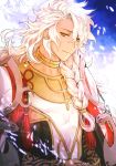  1boy armlet artist_name bracelet braid closed_mouth collarbone commentary_request eyebrows_visible_through_hair fate/grand_order fate_(series) floating_hair gold hair_ornament half-closed_eyes jewelry long_hair looking_at_viewer male_focus messy_hair neck_ring onigiri_(hfyt2533) red_ribbon ribbon ring shatter sidelocks single_braid solo solomon_(fate/grand_order) tassel tattoo upper_body white_hair yellow_eyes 