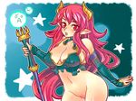  bottomless breasts cleavage horns large_breasts no_panties original pink_hair pubic_hair red_eyes solo staff tsuutenkaaku 