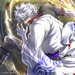  2007 bandages battle blood boots dated gintama japanese_clothes male_focus manly mosaic_background off_shoulder ranji red_eyes robe sakata_gintoki silver_hair solo sword weapon white_hair 