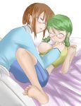  bangs barefoot blush breast_grab breasts brown_hair casual chemical-x closed_eyes drill_hair freckles glasses grabbing green_hair kanaria kusabue_mitsu large_breasts looking_at_another multiple_girls nipples older on_bed rozen_maiden short_hair smile sweat yuri 