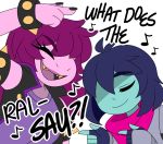  ambiguous_gender blue_hair blue_skin colored_nails deltarune dialogue female friisans hair kris_(deltarune) long_hair musical_note pink_hair pink_skin singing susie_(deltarune) text 