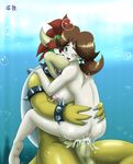  ass blue_eyes bowser breasts brown_hair bubble crown cum cum_inside earring eyebrows huge_breasts koopa lactation nintendo orgasm penis princess_daisy sex sh super_mario uncensored underwater underwater_sex vaginal water 