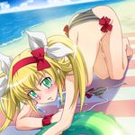  all_fours beach bikini blonde_hair day green_eyes highres saipaco shishidou_nami solo sora_wo_kakeru_shoujo swimsuit topless 