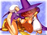  2003 ;p all_fours aozoraichi blush breasts cape dated detached_sleeves full-face_blush hanging_breasts hat masturbation medium_breasts nipples one_eye_closed pubic_hair red_hair short_hair solo sweat tabasa tongue tongue_out warzard witch witch_hat 
