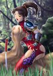  ass black_hair blush bodysuit breast_grab breasts cowgirl_position girl_on_top grabbing grass katana large_breasts ninja one_eye_closed open_mouth outdoors rape sex skin_tight solo_focus soulcalibur spandex straddling sword taki_(soulcalibur) torn_clothes weapon 