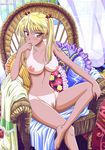  adjusting_hair barefoot blonde_hair breasts chair crossed_legs curtains feet hara_yumiko highres large_breasts lipstick long_hair makeup megami nipples non-web_source nude nude_filter orange_eyes pillow pubic_hair pussy sawachika_eri scan school_rumble sitting solo tan tanline third-party_edit twintails uncensored 