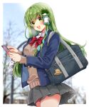  1girl :d bag bag_charm bangs beige_sweater_vest blazer blurry blurry_background blush bow bowtie breasts buttons cellphone_charm charm_(object) collared_shirt commentary_request cowboy_shot eyelashes fingernails frog_hair_ornament green_eyes green_hair grey_skirt hair_ornament holding holding_phone jacket kochiya_sanae large_breasts long_hair long_sleeves looking_at_viewer miniskirt okawa_friend open_mouth outdoors phone pleated_skirt pocket red_bow red_bowtie red_neckwear school_uniform shirt skirt smile snake_hair_ornament solo standing suit_jacket teeth thighs touhou tree upper_teeth white_shirt wing_collar 