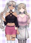  2girls bangs bare_shoulders belt black_belt blouse blue_eyes boots breasts brown_eyes brown_hair choker cleavage cowboy_shot dark-skinned_female dark_skin earrings eyebrows_visible_through_hair grey_hair grey_legwear grey_skirt grin gyaru hair_ornament hat highres holding_hands jewelry large_breasts light_brown_hair long_hair long_sleeves looking_at_viewer midriff miniskirt mizuiro_32 multiple_girls navel necklace nijisanji o-ring official_alternate_costume pantyhose parted_bangs pink_nails pink_skirt pom_pom_(clothes) pom_pom_earrings pom_pom_hair_ornament sister_cleaire skindentation skirt smile thigh_boots thigh_strap thighhighs todoroki_kyouko twintails very_long_hair virtual_youtuber white_nails zettai_ryouiki 