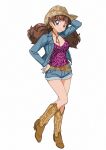  1girl amanogawa_kirara arm_up bangs blue_jacket blue_shorts blunt_bangs boots breasts brown_footwear brown_hair brown_headwear cleavage collarbone denim denim_jacket denim_shorts earrings eyebrows_visible_through_hair full_body go!_princess_precure hand_on_hip hat highres jacket jewelry knee_boots long_hair long_sleeves looking_at_viewer medium_breasts open_clothes open_jacket pink_shirt precure print_headwear print_shirt purple_eyes shiny shiny_hair shirt short_shorts shorts simple_background solo standing star_(symbol) star_earrings star_print towairaito-chan! white_background 
