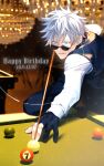  1boy absurdres ball bangs billiard_ball black_gloves black_pants black_vest blue_eyes cowboy_shot cue_stick dated gloves gojou_satoru hair_between_eyes happy_birthday highres holding_cue_stick indoors jujutsu_kaisen long_sleeves male_focus pants parted_lips pool_table round_eyewear shirt short_hair smile solo standing sunglasses vest white_hair white_shirt yunan_(twyunan) 