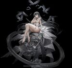  1girl animal armillary_sphere bangs bare_shoulders barefoot between_toes bird black_background black_bow black_dress black_eyes bow breasts constellation cross crow dress earrings eyepatch feathers flock flower gears glint hair_between_eyes hand_up highres hoop_earrings iron_saga jewelry large_breasts long_hair looking_at_viewer official_art one_eye_covered plantar_flexion revealing_clothes ribbon see-through sidelocks simple_background sitting sitting_on_object sleeveless sleeveless_dress solo thigh_strap very_long_hair white_bow white_dress white_eyepatch white_flower white_ribbon zjsstc 