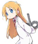  1girl arms_behind_back bangs blue_eyes bright_pupils closed_mouth expressionless eyebrows_visible_through_hair from_side grey_outline hatching_(texture) holding holding_key ixy key labcoat linear_hatching long_hair long_sleeves looking_at_viewer looking_to_the_side necktie nichijou notice_lines orange_hair outline professor_shinonome red_necktie solo standing tareme upper_body white_pupils winding_key wing_collar 