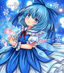  1girl :o blue_background blue_bow blue_dress blue_eyes blue_hair blue_theme blush bow breasts cirno cowboy_shot dress eyebrows_visible_through_hair frilled_shirt_collar frills hair_between_eyes hair_bow leaning_back looking_at_viewer marker_(medium) medium_hair neck_ribbon open_mouth own_hands_together pinafore_dress puffy_short_sleeves puffy_sleeves red_ribbon ribbon rui_(sugar3) sample shirt short_sleeves small_breasts snowflake_background solo touhou traditional_media white_shirt wrist_cuffs 