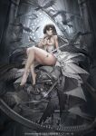  1girl animal armillary_sphere bangs bare_shoulders barefoot between_toes bird black_bow black_dress black_eyes bow breasts constellation cross crow dress earrings eyepatch feathers flock flower gears glint hair_between_eyes hand_up highres hoop_earrings indoors iron_saga jewelry large_breasts long_hair looking_at_viewer official_art one_eye_covered plantar_flexion revealing_clothes ribbon see-through sidelocks sitting sitting_on_object sleeveless sleeveless_dress solo thigh_strap very_long_hair white_bow white_dress white_eyepatch white_flower white_ribbon zjsstc 