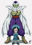  1boy 1girl bag black_eyes black_footwear black_hair blue_headwear brown_footwear colored_skin crossed_arms dragon_ball dragon_ball_super_super_hero green_skin grey_background hat height_difference highres liedein long_sleeves looking_at_viewer namekian pan_(dragon_ball) piccolo pointy_ears shoes short_hair simple_background socks standing turban twitter_username 