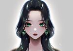  1girl bitaro black_hair earrings emerald_(gemstone) eyelashes face green_eyes grey_background highres jewelry lips lipstick looking_at_viewer makeup original portrait red_lips solo sparkle straight-on 