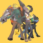  2boys absurdres barry_(pokemon) blonde_hair brown_footwear brown_pants buttons coat commentary father_and_son gloves green_coat green_scarf grey_pants highres hiro_(user_negm3832) holding holding_poke_ball jacket luxray male_focus multiple_boys open_clothes open_coat orange_eyes palmer_(pokemon) pants poke_ball poke_ball_(basic) pokemon pokemon_(creature) pokemon_(game) pokemon_dppt rhyperior scarf shoes short_hair short_sleeves standing striped striped_jacket 