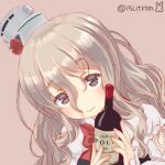  15citron 1girl bangs blush bottle brown_eyes closed_mouth eyebrows_visible_through_hair grey_hair hair_between_eyes hat holding holding_bottle kantai_collection long_hair long_sleeves looking_at_viewer one-hour_drawing_challenge pink_background pola_(kancolle) simple_background solo twitter_username upper_body wavy_hair wine_bottle 
