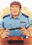  1boy :d bandaid bandaid_on_cheek bara blush brown_hair character_request commission dark-skinned_male dark_skin highres male_focus mature_male muscular muscular_male pectorals police police_uniform policeman rope sawch_cls second-party_source short_hair sideburns smile solo thick_eyebrows tokyo_afterschool_summoners uniform upper_body 