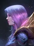  1girl commentary english_commentary facial_mark forehead_mark from_side highres kai&#039;sa league_of_legends light_particles light_smile lips long_hair looking_away portrait profile purple_eyes purple_hair razaras realistic shiny shiny_hair signature solo 