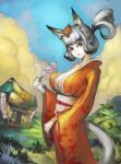  1girl animal_ears blue_sky breasts brown_eyes cleavage cloud commentary_request dango day eyeshadow fangs food fox_ears fox_tail grass highres japanese_clothes kimono kongiku large_breasts leaf leaf_on_head long_hair makeup narongchai_singhapand oboro_muramasa orange_kimono outdoors pale_skin ponytail silver_hair sky solo tail wagashi wind 