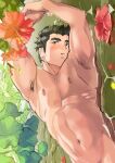  1boy :o abs armpit_hair armpits arms_up bara black_hair blush completely_nude flower flower_request highres male_focus muscular muscular_male navel nipples nude original out-of-frame_censoring own_hands_together pectorals red_flower short_hair sideburns solo stomach thick_eyebrows tofu_(tofulabo) unfinished 