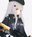  1girl assault_rifle bangs beret breasts crossed_bangs eyebrows_visible_through_hair girls&#039;_frontline gloves green_eyes gun h&amp;k_hk416 hair_ornament hairclip hat highres hk416_(girls&#039;_frontline) holding holding_gun holding_weapon long_hair looking_at_viewer open_mouth rifle silver_hair solo tactical_clothes uniform upper_body weapon white_background white_gloves yukiko_(leovioykk) 