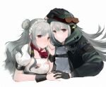  1girl arm_up bangs black_gloves blush chilli_646 closed_mouth dier_maid_(girls&#039;_frontline) double_bun eyebrows_visible_through_hair g11_(girls&#039;_frontline) girls&#039;_frontline gloves green_jacket grey_eyes grey_hair hair_between_eyes hand_grab hand_on_own_head hat jacket long_hair looking_at_viewer maid maid_headdress open_clothes open_jacket open_mouth shirt torn_clothes upper_body white_background white_shirt 