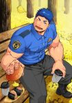  1boy :d autumn_leaves bara blue_hair blush commission highres incoming_food large_pectorals male_focus muscular muscular_male naop_(anything) on_bench original pectorals police police_uniform policeman second-party_source shirt short_hair sideburns sitting smile solo thick_thighs thighs tight tight_shirt uniform 
