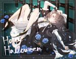  1girl bangs bare_legs black_dress black_footwear breasts brown_hair c-ms_(girls&#039;_frontline) dress eyebrows_visible_through_hair flower full_body girls&#039;_frontline gun hair_between_eyes halloween_costume hand_on_head happy_halloween highres legs long_hair long_sleeves looking_at_viewer lying middle_finger mole mole_under_eye on_back open_mouth rabb_horn red_eyes shoes small_breasts solo submachine_gun weapon 