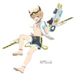 1boy anklet bare_legs barefoot blonde_hair commentary gun headgear highres holding holding_gun holding_weapon horns jacket jewelry looking_at_viewer luye_yuan male_focus navel necklace open_clothes open_jacket open_mouth original purple_eyes shorts simple_background smile solo tan tanlines weapon white_background 