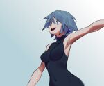  1girl aqua_(kingdom_hearts) armpits blue_eyes blue_hair breasts commentary covered_navel drowsykrid highres kingdom_hearts kingdom_hearts_birth_by_sleep open_mouth short_hair simple_background sleeveless smile solo 