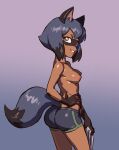  1girl animal_ears ass blue_hair blue_shorts body_fur brand_new_animal breasts brown_eyes from_side furry furry_female grin hand_on_hip highres kagemori_michiru looking_back nipples pears_(pears_pears) pink_background raccoon_ears raccoon_girl raccoon_tail shirt_removed short_hair short_shorts shorts simple_background small_breasts smile solo tail thighs topless 